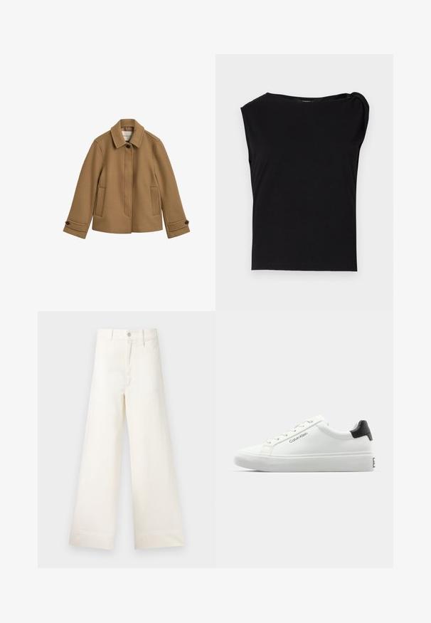 Hnědá bunda ze směsi vlny s rovný střih, límcem, dvěma předními kapsami a knoflíkovými manžetami. Má jemnou texturu a čisté linie.; Černý krátký rukáv top vyrobený z hladké látky. Má kulatý výstřih a drapovaný detail na ramenou. Jednoduchý, přiléhavý design.; Kalhoty s širokými nohavicemi v světle béžové bavlně. Mají vysoký pas, přední kapsy a rovný střih. Čistý lem bez vzorů.; Bílé tenisky s hladkým povrchem, černým akcentem na patě a šněrovacím designem. Na boku mají značku "Calvin Klein". Minimalistický styl.