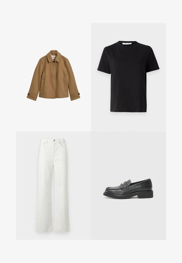 Hnedá pletená bunda zo zmesi vlny so strihem do rovna, golierom, dvoma prednými vreckami a gombíkovými manžetami. Má jemnú textúru a čisté línie.; Čierne tričko s krátkym rukávom vyrobené z mäkkej bavlny, s okrúhlym výstrihom, uvoľneným strihom a hladkou štruktúrou. Žiadne viditeľné vzory ani grafika.; Samsøe Samsøe SHELLY - Džínsy voľného strihu - clear cream; Čierne kožené mokasíny s tkaným prvkom na nárte, zlatým logom a robustnou čiernou gumovou podrážkou. Hladká textúra s jemným leskom.