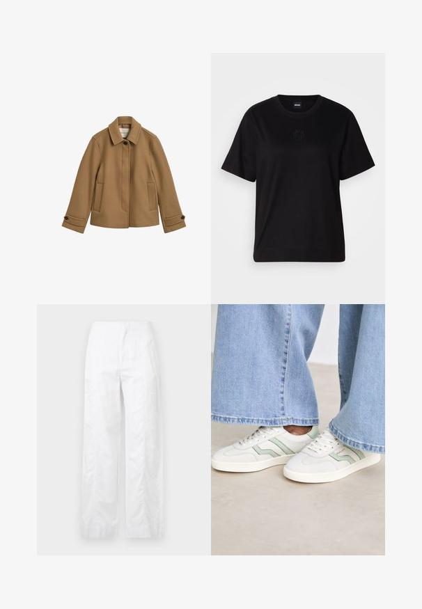 Barna gyapjú keverék dzseki egyenes fazonnal, gallérral, két elülső zsebbel és gombos mandzsettával. Finom textúrával és letisztult vonalakkal rendelkezik.; Fekete pamut póló kerek nyakkivágással, rövid ujjakkal és hímzett logóval a mellkasán. Egyszerű, laza szabás, minta nélkül.; Fehér, széles szárú nadrág könnyű anyagból, sima textúrával, letisztult vonalakkal és magasderék kialakítással.; Fehér sneakers világoszöld részletekkel, textúrált bőr felsőrésszel és lapos gumitalppal. Széles lábú farmernadrággal párosítva.