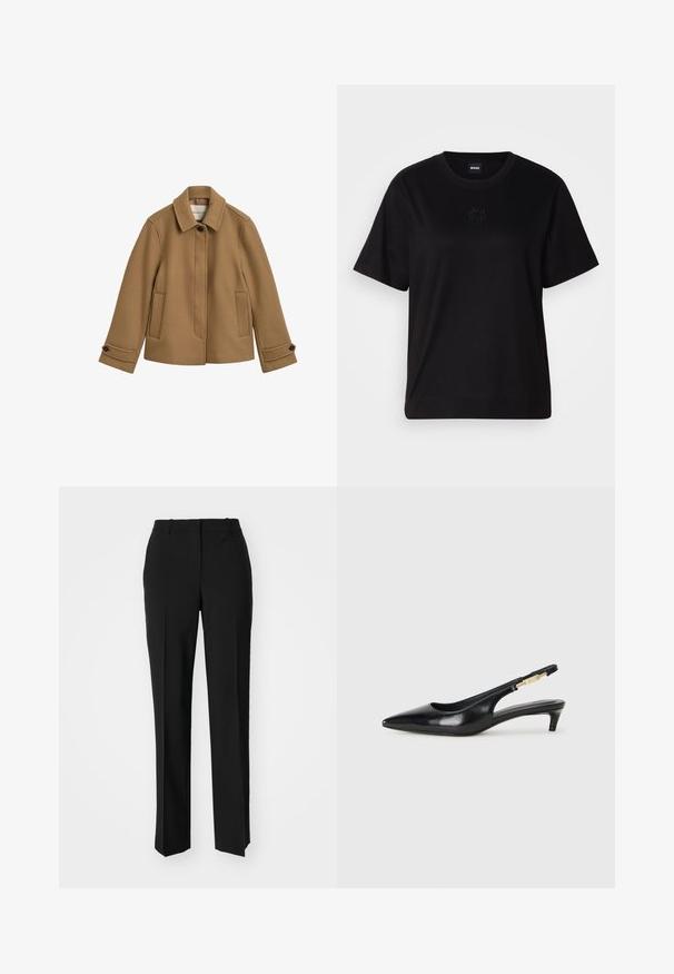 Giacca marrone in misto lana con taglio dritto, colletto, due tasche frontali e polsini con bottoni. Presenta una consistenza sottile e linee pulite.; Maglietta in cotone nera con scollatura tonda, maniche corte e logo ricamato sul petto. Design semplice e vestibilità rilassata senza motivi.; Pantaloni neri su misura con un design a gamba dritta, caratterizzati da una texture liscia e pieghe ben definite sul davanti. Senza hardware visibile.; Tacchi slingback in pelle nera con punta affusolata, caratterizzati da un tacco alto e un accento dorato sulla cinghia regolabile. Texture liscia.