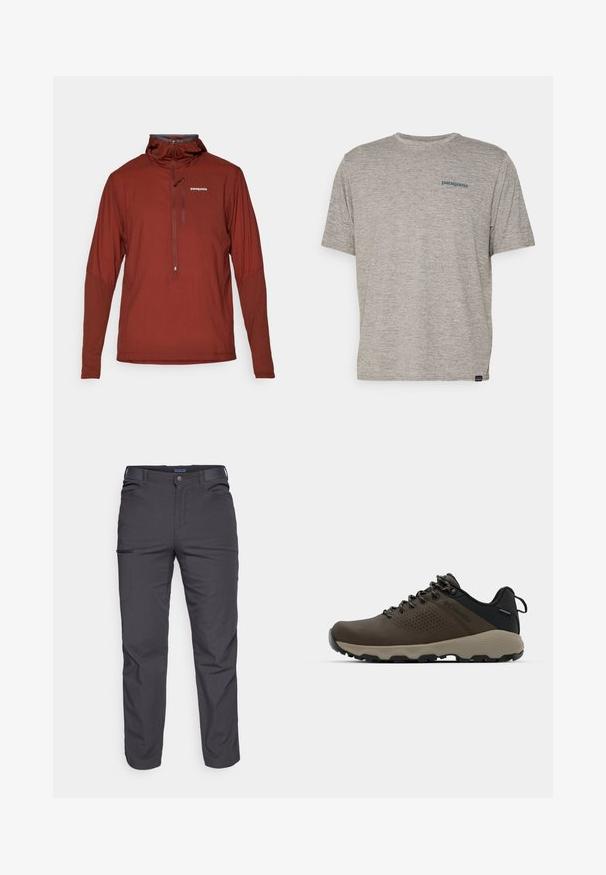 Vīriešu rūsas krāsas Patagonia garo piedurkņu pulovers ar ceturtdaļas rāvējslēdzēju un augstu apkakli, ar mazu logo uz krūtīm.; Pelēka īsām piedurknēm kreks, kas izgatavots no mīkstas teksturētas auduma, ar mazu zilu Patagonia logotipu kreisajā krūtī. Bez papildu rakstiem.; Tumši pelēki bikses, kas izgatavotas no izturīgas auduma, ar rāvējslēdzēja kabatu, taisnu piegriezumu un jostu cilpām, lai pielāgotu fit.; Brūni ūdensnecaurlaidīgi sporta apavi ar teksturētu virsu, perforētiem akcentiem, melnu papēža atbalstu un pelēku gumijas zoli. Šņores veidotas ar metāliskiem galiem.