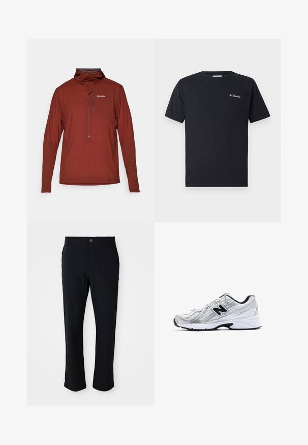 Pullover de manga longa em cor ferrugem da Patagonia para homens, com fecho de zíper a um quarto e gola alta, apresentando um pequeno logótipo no peito.; Camiseta preta de manga curta feita de algodão, com um pequeno logotipo branco da Columbia na área do bolso esquerdo do peito. Decote redondo clássico e corte solto.; Calças pretas com fecho de botão, design de perna reta, textura suave e bolsos laterais, adequadas para uma variedade de ocasiões.; Sapatilha desportiva prateada com material em rede, acentos pretos, design perfurado e sola branca acolchoada. Apresenta um destacado logo 'N'.