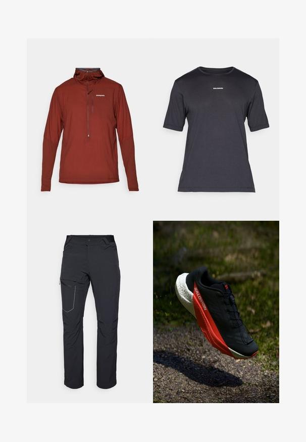 Herrarnas rostfärgade Patagonia långärmad tröja med kvartslång dragkedja och hög krage, med en liten logotyp på bröstet.; Svart kortärmad prestandatröja i andningsbart material, med rund halsringning och liten vit "SALOMON"-logotyp på bröstet.; Svarta utomhusbyxor med en zippered lårficka, elastisk midja och ett slätt, vattenavvisande tyg. Ren design utan synliga logotyper.; Svart löparskor med röda accenter, lätt mesh-överdela, strukturerad vit sula och snörningssystem. Utformad för prestanda och komfort.