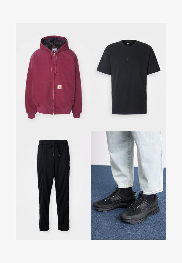 Carhartt WIP ACTIVE JACKET - Light jacket - malbec aged; Nike black cotton t-shirt with a classic crew neck, short sleeves, and a subtle, embossed logo on the chest. Smooth texture.; Black drawstring waist casual pants with side seam pockets and straight leg cut on a plain background.; Black athletic shoes with textured fabric and rubber soles, featuring elastic laces and a blue accent on the heel. Worn with light denim pants.