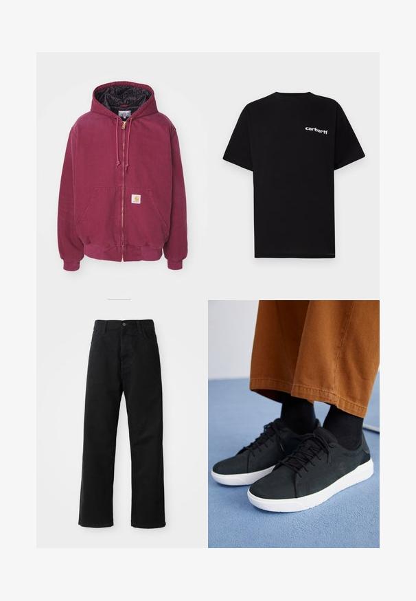 Carhartt WIP ACTIVE JACKET - Veste mi-saison - malbec aged; T-shirt en coton noir à manches courtes, col rond, avec le logo blanc "Carhartt" sur la poitrine gauche. Texture lisse, design minimaliste.; Pantalons en denim noir à coupe droite, avec poches avant, fermeture éclair et un seul bouton supérieur. Tissu texturé avec une finition mate.; Baskets en suede noir avec semelles en caoutchouc blanc, présentant un design à lacets, des accents texturés et une branding discrète, associées à un pantalon marron.