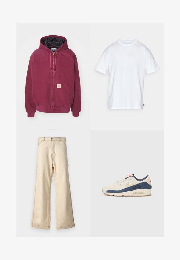 Carhartt WIP ACTIVE JACKET - Veste mi-saison - malbec aged; T-shirt en coton blanc à manches courtes et col rond. Présente un petit logo Nike subtil sur la poitrine et une étiquette sur le côté.; Pantalons beige à jambe large en coton avec une fermeture à glissière et un bouton, dotés de coutures contrastées et de poches latérales.; Baskets avec un dessus en cuir crème et en suède bleu marine, dotées d'une semelle à air visible, d'une semelle en caoutchouc beige et d'un accent rouge au talon.