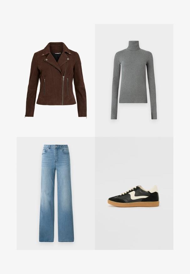 Jaqueta de motociclista em camurça castanha com colarinho em bico, zíperes prateados e bolsos com zíper. Apresenta uma silhueta ajustada e um acabamento texturizado.; Camisola de gola alta cinza feita de um tecido liso e elástico. Mangas compridas, design ajustado, textura mínima, sem padrões ou acessórios visíveis.; Jeans de cintura alta azul clara com um design de perna reta. Feitos em denim, com cinco bolsos e fecho de botão.; Sapatilha em camurça e couro pretos com um swoosh lateral em creme e um calcanhar em creme claro. Apresenta atacadores bege e uma sola de borracha tipo gum.