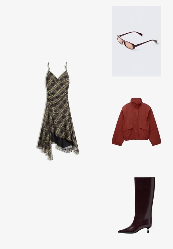 Rote, kurze Jacke aus Baumwolle mit hohem Kragen, locker sitzenden Ärmeln und zwei aufgesetzten Taschen vorne.; Schwarzes und gelbes karierter Kleid mit Spaghettiträgern, V-Ausschnitt und asymmetrischem Saum, das mit einem transparenten Overlay und gerafftem Textil verarbeitet ist.; Knöchelhoher burgunderfarbener Lederstiefel mit einer eleganten, strukturierten Oberfläche, spitzem Zehenbereich und einem dünnen, gestapelten Absatz für zusätzliche Höhe.; Burgunderfarbene Sonnenbrille mit rechteckigem Rahmen, verlaufenden Gläsern und eleganten Bügeln. Das Material hat eine glatte, glänzende Oberfläche.; Braune Ledertasche, gebogene Form, einzelner Griff, Reißverschlussverschluss, strukturierte Oberfläche mit leichtem Glanz. Kompakte und minimalistische Gestaltung.