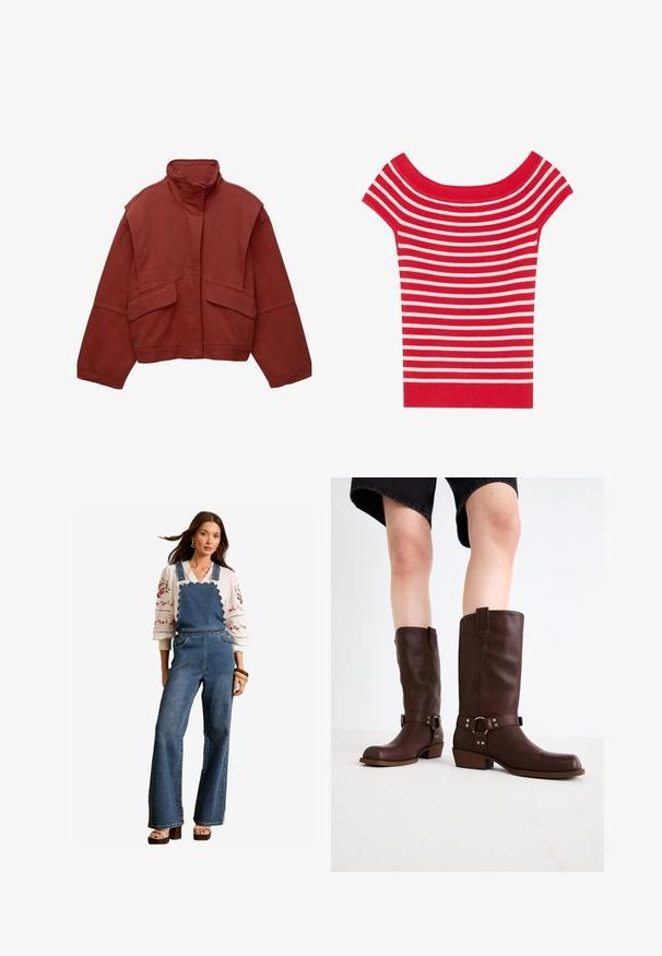 Giacca rossa, cropped, realizzata in cotone, con colletto alto, maniche ampie e due tasche a toppa frontali.; Top a maniche corte, off-the-shoulder, in righe orizzontali rosse e bianche, realizzato in tessuto a costine con un design aderente.; Salopette in denim con un design scallopato sul bavaglino, gambe svasate e tasche laterali. Abbinata a una blusa bianca ricamata e accessori in legno.; Stivali marroni in pelle al ginocchio con punta rotonda, superficie testurizzata, cinturino alla caviglia e dettagli in metallo argentato; tacco impilato.