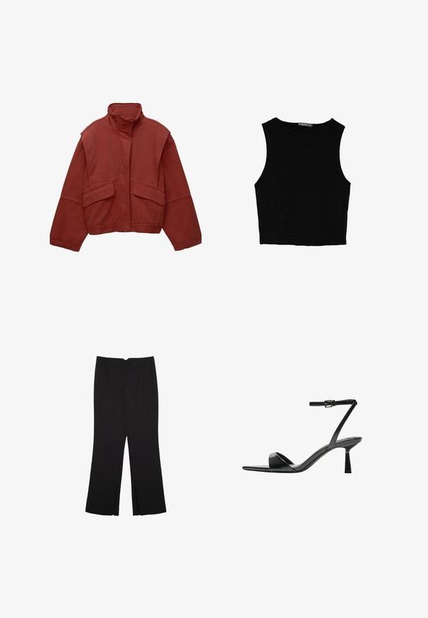 Červená zkrácená bunda vyrobená z bavlny, s vysokým límcem, volnými rukávy a dvěma předními našitými kapsami.; Černý bezsleeve crop top vyrobený z hladké tkaniny, s kulatým výstřihem a čistým, jednoduchým designem bez vzorů nebo kovových doplňků.; Černé kalhoty s rovným střihem, s předními kapsami a bočními rozparky na lemu. Vyrobené z jemné, hladké tkaniny. Vhodné na různé příležitosti.; Bershka Sandály na vysokém podpatku - black