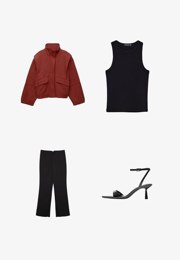 Rote, kurze Jacke aus Baumwolle mit hohem Kragen, locker sitzenden Ärmeln und zwei aufgesetzten Taschen vorne.; Schwarzes Tanktop aus Baumwolle mit rundem Halsausschnitt und weiten Armöffnungen. Glatte Textur mit genähten Säumen. Klassisches, minimalistisches Design.; Schwarze Hose mit geradem Schnitt, ausgestattet mit Fronttaschen und Seitenschlitzen am Saum. Hergestellt aus weichem, glattem Stoff. Geeignet für verschiedene Anlässe.; Bershka High Heel Sandalette - black
