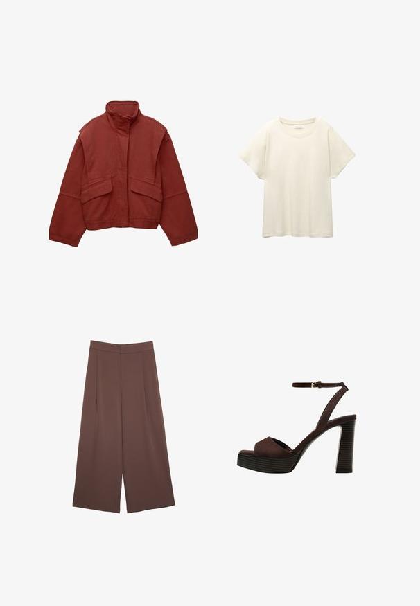 Giacca rossa, cropped, realizzata in cotone, con colletto alto, maniche ampie e due tasche a toppa frontali.; Maglietta a maniche corte beige chiaro con scollatura rotonda, realizzata in un tessuto morbido e liscio. Presenta una vestibilità comoda e un orlo dritto.; Pantaloni ampi marroni con una texture liscia, caratterizzati da una vita alta e pieghe frontali. Il tessuto è leggero e scorre liberamente.; Sandal in camoscio marrone con tacco alto, punta aperta, cinturino alla caviglia regolabile e suola a piattaforma striata.