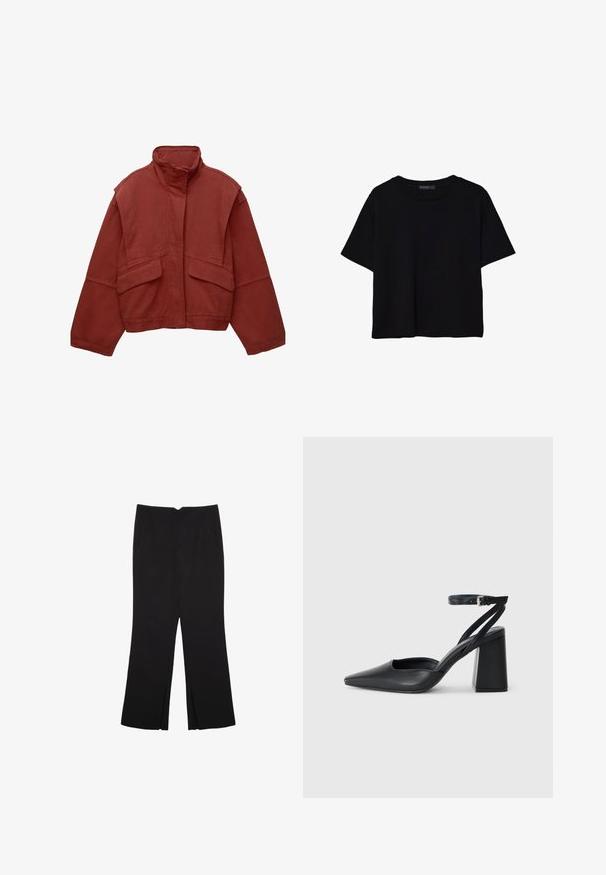 Giacca rossa, cropped, realizzata in cotone, con colletto alto, maniche ampie e due tasche a toppa frontali.; T-shirt nera a maniche corte in cotone. Presenta un collo rotondo e una vestibilità ampia con una texture liscia e uniforme. Nessun motivo o accento visibile.; Pantaloni neri a gamba dritta, con tasche frontali e spacchi laterali all'orlo. Realizzati in tessuto morbido e liscio. Adatti a diverse occasioni.; Pump in pelle nera con punta affusolata, cinturino alla caviglia e tacco spesso. Texture piatta, design elegante ed estetica minimalista.