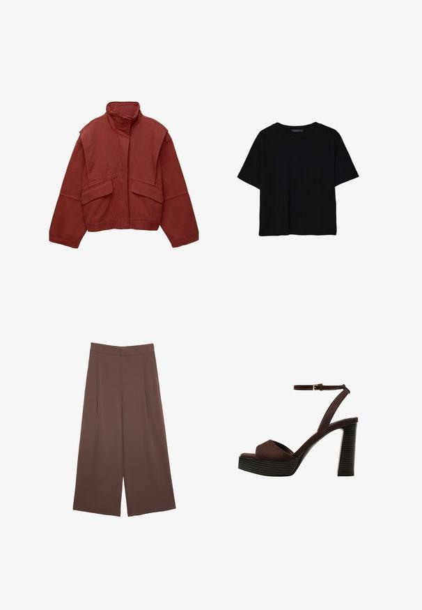 Rdeča krajšana jakna iz bombaža z visokim ovratnikom, širokimi rokavi in dvema sprednjima žepoma.; Črna kratkotrajna majica brez rokavov iz bombaža. Ima okroglo ovratnico in sproščen kroj z gladko, enostavno teksturo. Brez vidnih vzorcev ali dodatkov.; Rjave široke hlače z gladko teksturo, ki imajo visok pas in sprednje naborke. Tkanina je lahka in prosto pada.; Rjave semiš sandale z visoko peto, odprto spredaj, z nastavljivim gležnjenjem in črtastim podplatom.