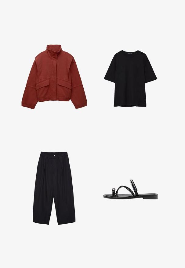 Rdeča krajšana jakna iz bombaža z visokim ovratnikom, širokimi rokavi in dvema sprednjima žepoma.; Črna bombažna majica s sproščenim krojem, kratkimi rokavi, zaobljenim izrezom in gladko teksturo. Brez vidnih vzorcev ali dodatkov.; Črne poliesterske culotte hlače z elastičnim pasom, dvema sprednjima nabiranjema in ohlapnim krojem. Brez vidnih vzorcev ali kovinskih detajlov.; Črne ravne sandale s sijajno končno obdelavo, tremi tankimi trakovi in okroglo kovinsko podrobnostjo na prstih. Elegantna zasnova z minimalnim peto.