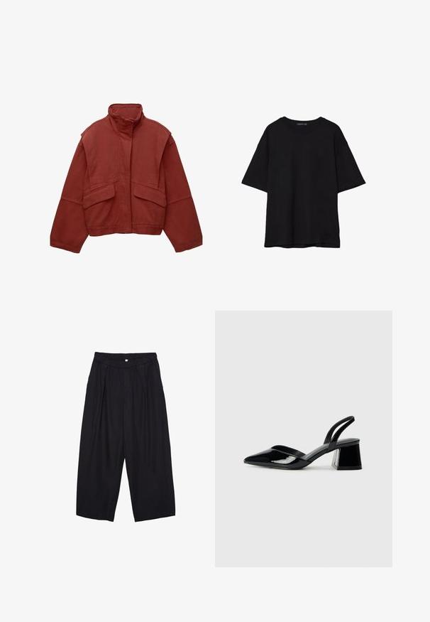 Červená skrátená bunda vyrobená z bavlny, s vysokým golierom, voľne strihanými rukávmi a dvoma prednými našitými vreckami.; Čierne bavlnené tričko s voľným strihom, krátkymi rukávmi, zaobleným výstrihom a hladkou textúrou. Bez viditeľných vzorov alebo akcentov.; Čierne polyesterové culotte nohavice s elastickým pásom, dvoma prednými záhybmi a voľným strihom. Žiadne viditeľné vzory ani detaily z kovu.; Čierne lakované kožené sandálové podpätky s špicatou špičkou a geometrickým blokovým podpätkom. Disponujú elegantným, minimalistickým dizajnom a hladkým povrchom.