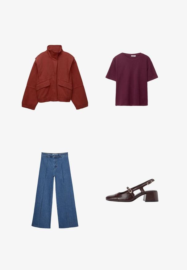 Rdeča krajšana jakna iz bombaža z visokim ovratnikom, širokimi rokavi in dvema sprednjima žepoma.; Bordo kratka majica z dolgimi rokavi iz mehkega bombaža. Ima klasičen krogec za vrat in sproščen kroj. Enostavna tekstura, brez vzorcev ali dodatkov.; Jeans širokih nogavic v srednji modri barvi, z visokim pasom, gumbom in kontrastnimi navpičnimi šivi spredaj.; Rjave usnjene slingback pete s kvadratnim nosom, izrezanimi stranicami in blok peto. Imajo sponko na trakcu okoli gležnja.