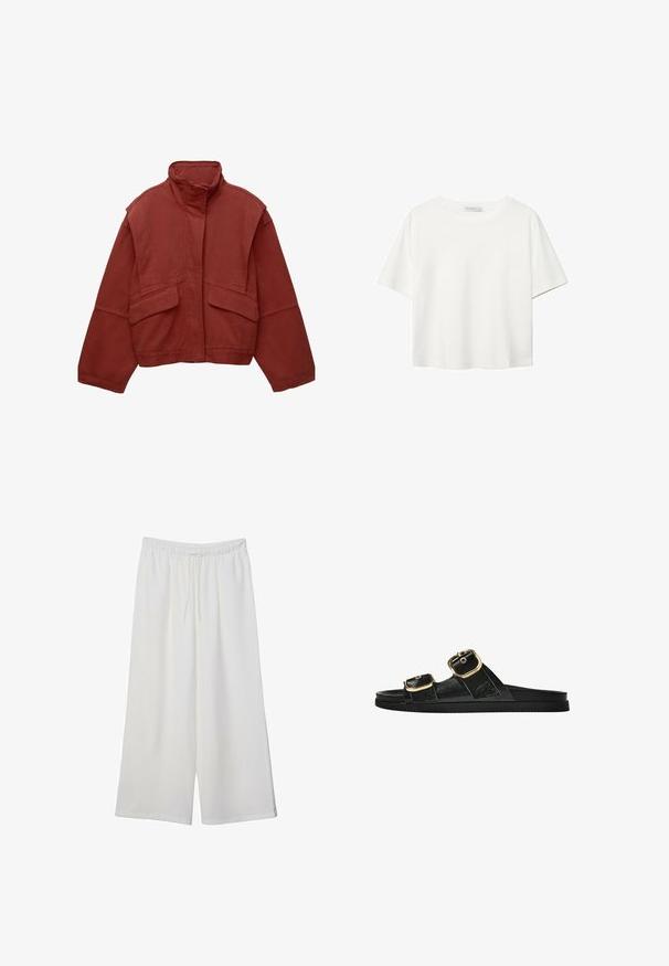 Červená skrátená bunda vyrobená z bavlny, s vysokým golierom, voľne strihanými rukávmi a dvoma prednými našitými vreckami.; Biela krátkopsová tričko vyrobené z bavlny. Má okrúhly výstrih a voľný strih. Hladká textúra bez viditeľných vzorov alebo akcentov.; Biele široké nohavice z ľahkého materiálu s elastickým pásom a šnúrkou na nastavenie veľkosti. Hladká textúra.; Čierne šľapky s dvoma zlatými prackami, hladký textúrovaný materiál, plochá podrážka a minimalistický dizajn.