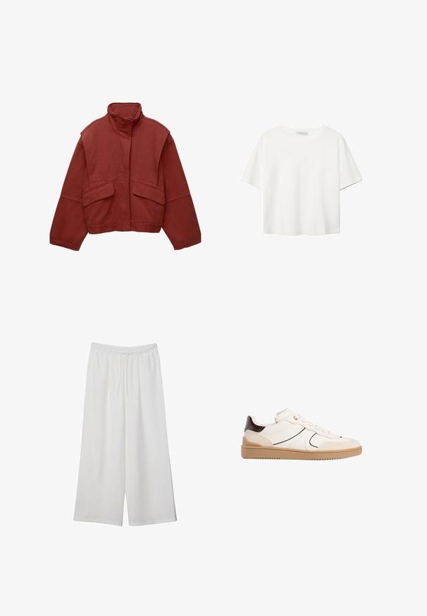 Röd, kort jacka i bomull med hög krage, löst sittande ärmar och två framfickor.; Vit t-shirt med kort ärm i bomull. Har en rundad halsringning och en avslappnad passform. Slät textur utan synliga mönster eller detaljer.; Vita vida byxor i lätt tyg med elastisk midja och dragsko för justerbar passform. Mjuk textur.; Stradivarius Sneakers - white