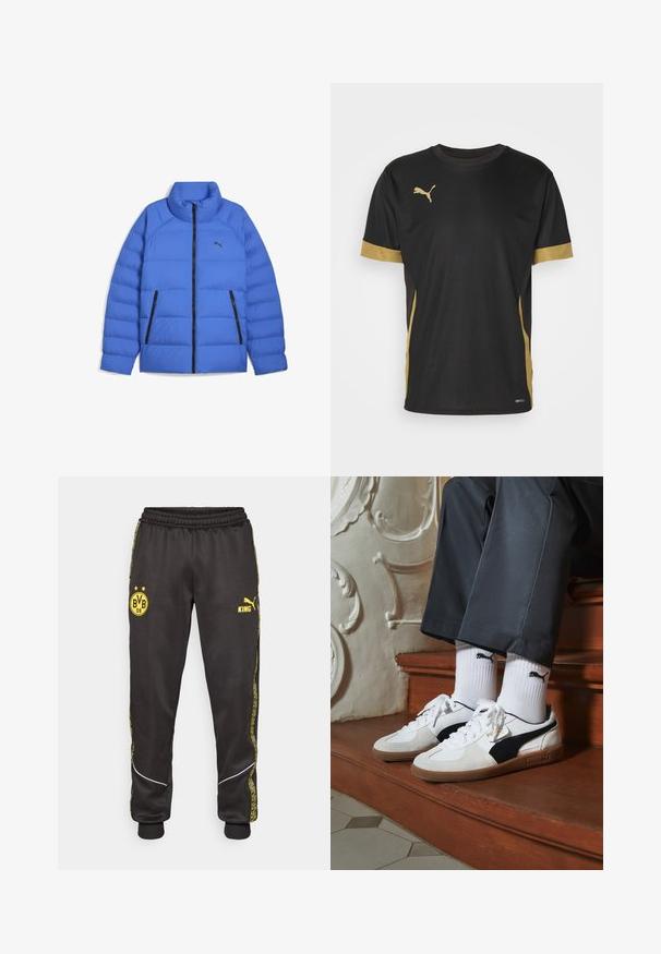 Blå pufferjakke med ståkrave, sort lynlås, sidelommer med lynlås og Puma-logo på venstre bryst.; Sort sports T-shirt med gyldne detaljer på ærmerne og siden. Den har rund hals, korte ærmer og svedtransporterende DRYCELL-stof.; Sorte træningsbukser med gule Borussia Dortmund BVB 09 og Puma King logoer, elastisk talje, og mønstrede gule side-striber.; Puma sneakers i hvid og sort ruskind med en brun gummisål. Bæres med hvide sokker med et sort logo og mørke bukser.