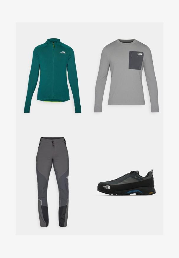Casaco de fleece de manga longa em verde-água, com fecho éclair e gola alta, apresentando o logo branco "The North Face" no peito.; Camisa de manga longa cinza com tecido texturizado, apresentando um bolso no peito cinza escuro e um fecho em zíper. Logótipo no bolso em branco.; Calças de caminhada cinzas com um design ajustado, múltiplos bolsos e acentos contrastantes em cinza escuro e preto. Feitas de um material flexível e durável.; The North Face VERTO ALPINE GORE TEX - Sapatos de caminhada - asphalt grey/tnf black