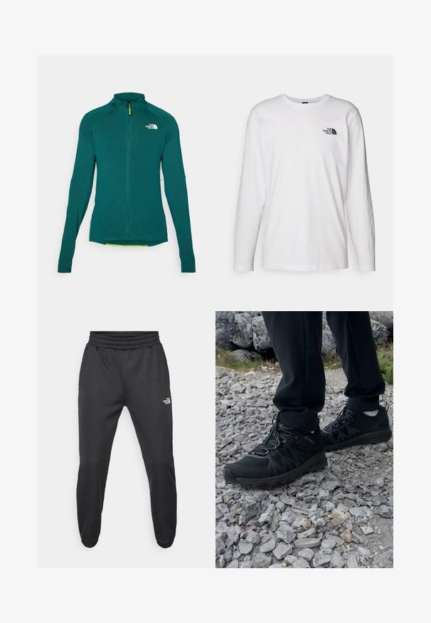 Tummansininen pitkähihainen vetoketjullinen fleece-takki, jossa on korkea kaulus ja valkoinen "The North Face" -logo rinnassa.; Valkoinen pitkähihaisen T-paita, joka on valmistettu puuvillasta ja jossa on pyöreä kaula-aukko. Rintamuksessa on pieni musta logo. Sileä kangas, normaali malli.; Mustat collegehousut, joissa on nauhakuomu vyötäröllä, kapeneva fit, elastiset hihansuut ja pieni valkoinen logo vasemmassa reidessä, valmistettu sileästä kankaasta.; Mustat ulkokengät, joissa on verkko- ja synteettinen materiaali, teksturoitu päällinen, varma nauhoitusjärjestelmä ja kestävä pohja kivikkoisella maastolla.