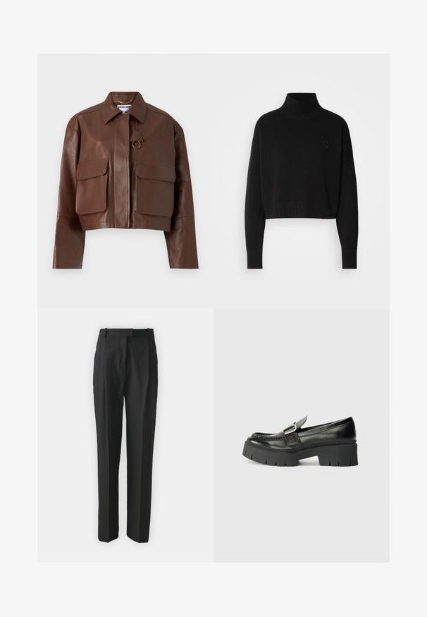 Ruda odinė trumpa striukė su apykakle, dviem didelėmis priekinėmis kišenėmis ir auksiniu detalės akcentu. Lygi tekstūra ir prigludęs dizainas.; Juodas trumpas megztinis, arba su raukinėliu, ilgomis rankovėmis, megztas tekstūroje, su mažuoju logotipu ant krūtinės.; Juodi pritaikyti kelnes pagamintos iš lengvos medžiagos, turinčios tiesų kirpimą, plokščią priekinę dalį ir diržo kilpas. Lygus paviršius be matomų raštų.; Juodi odiniai loafersai su storu guminiu padu. Yra sagties akcentas ir siuvinėjimo detalės viršuje. Lygus kulnas.