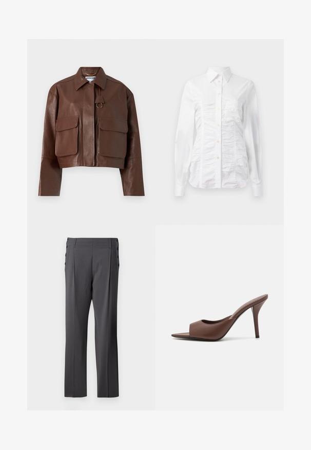 Brūns ādas īsais žakets ar apkakli, divām lielām priekšējām kabatām un zelta tonī apdari. Gluda tekstūra un pieguļošs dizains.; Balta pogājama krekla ar garām piedurknēm, ar savilkta tekstūra priekšpusē, maziem zelta pogām un standarta apkakli.; Pelēki pielāgoti bikses ar taisnu kāju dizainu, priekšējiem piegriezumiem un dekoratīvām sānu pogām papildu detaļām. Gluda auduma tekstūra.; Brūni ādas atvērtas pirksta augstpapēžu čības ar elegantu dizainu, kas iezīmējas ar plašu priekšējo siksniņu un slaidu stiletto papēdi.