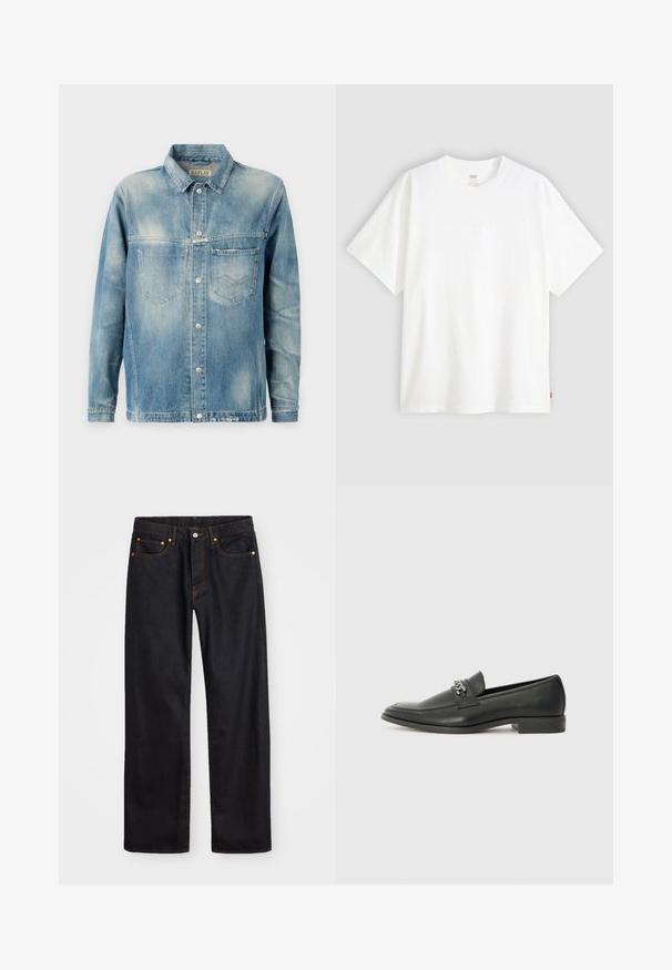 Chaqueta de denim en azul claro con cuello clásico, manga larga, dos bolsillos frontales y cierres de botón metálico. Textura ligeramente desgastada.; Camiseta blanca de manga corta hecha de algodón con cuello redondo. Presenta un sutil detalle de logo en relieve en la parte delantera y una etiqueta roja en el dobladillo.; Jeans de mezclilla negros de pierna recta para hombre, con cinco bolsillos y costuras en color naranja, cierre de botón y cremallera en la parte delantera de la cintura.; Mocasín de cuero negro con un acabado suave, que cuenta con un diseño de costura y un acento decorativo de cadena de metal en el empeine. Tacón plano.