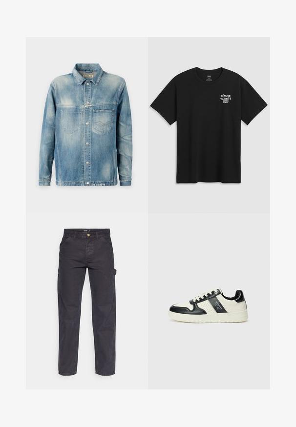 Valkoinen farkkutakki vaaleansinisessä sävyssä, klassisella kauluksella, pitkillä hihoilla, kahdella etutaskulla ja metallinappikiinnityksellä. Hieman haalistunut pinta.; Mustat puuvillapaita, jossa on rintaprintti, joka lukee "KOTIKASVIT" valkoisella tyylitellyllä fontilla ja "Levi's" tekstin alla. Klassinen pyöreä kaula-aukko.; Tummanharmaat cargo-housut, jotka on valmistettu kestävästä kankaasta. Niissä on suora lahkeellinen leikkaus, viisi taskua ja nappikiinnitys vyötäröllä.; Nahkakengät musta-kerma värimaailmassa, joissa on rei'itetyt yksityiskohdat, pehmustettu nilkkaosa ja teksturoitu pohja.