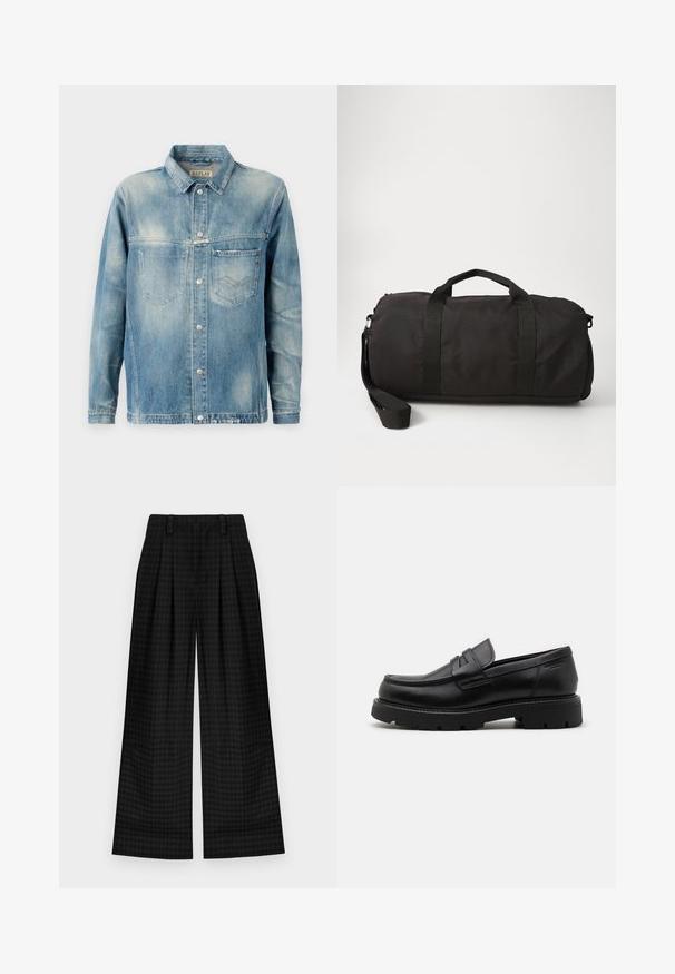 Denim jacket in light blue with a classic collar, long sleeves, two front pockets, and metal button closures. Slightly faded texture.; Black cotton t-shirt featuring a round neck, short sleeves, and a textured oval logo in a darker shade at the chest. Red brand label on neckline.; Black checkered wide-leg trousers with pleats, featuring a smooth texture and classic design. Lightweight fabric for comfort.; Black leather loafers with a rounded toe, textured accents on the front, and a chunky rubber sole with grooves for traction.; Black duffel bag made of durable fabric, featuring two top handles, a detachable shoulder strap, and a smooth, rounded shape.