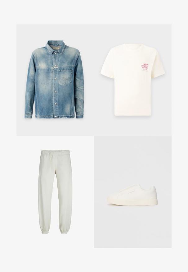 Helesinine teksajakk klassikalise kraega, pikkade varrukatega, kahe eesmine taskuga ja metallist nupuga kinnitustega. Kergelt kulunud tekstuur.; Valge lühikeste varrukatega T-särk, millel on vasakul rinnal punane tekst "Studio Originals Edition", esitatud neutraalsel hallil taustal.; Valged trennipüksid, mis on valmistatud pehmest kangast, elastse vöökoha ja mansettidega, sileda tekstuuri ja lõdva lõikega.; Valged libisemiskindlad tossud tekstuuriga pinnaga, paksu tallaga ja minimalistikus disainis. Küljel on brändi logo.