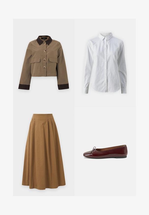 Afgekorte bruine jas van stevige stof met een donkerbruine kraag, een sluiting met vijf knopen en twee zakken aan de voorkant. Lange mouwen met donkere manchetten.; Witte overhemd met knopen van glad katoen, met een klassieke kraag, lange mouwen en een afgeronde zoom. De knopen zijn klein en wit.; Bruine katoen A-lijn rok met een hoge taille, voorzien van plooien aan de voorkant en een gladde textuur. De zoomafwerking is schoon en eenvoudig.; Bordeaux gepatenteerd lederen ballerina met een ronde neus, een klein strikaccent aan de voorkant en een lage, zwarte rubberen zool. Glad textuur.