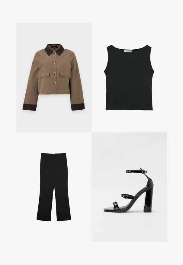 Cropped brown jacket in sturdy fabric with a dark brown collar, five button closure, and two front pockets. Long sleeves with dark cuffs.; Black sleeveless top made of smooth fabric, featuring a rounded neckline and a fitted design with no visible patterns or embellishments.; Black trousers with a straight fit, featuring front pockets and side slits at the hem. Made of soft, smooth fabric. Suitable for various occasions.; Black patent heeled sandals with a square toe, ankle straps, and silver buckles. Features a chunky block heel for stability.