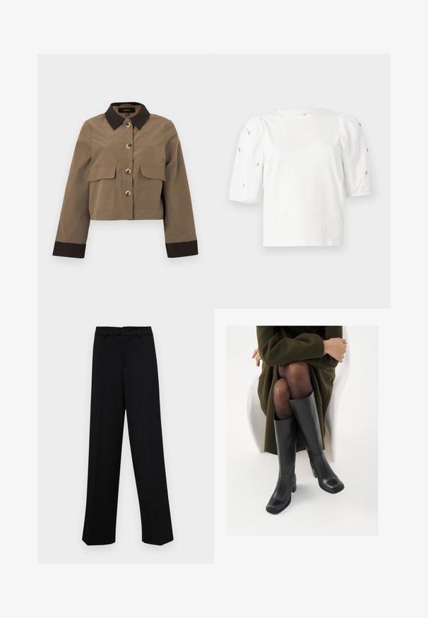Veste brune raccourcie en tissu résistant avec un col marron foncé, une fermeture à cinq boutons et deux poches avant. Manches longues avec des poignets foncés.; T-shirt en coton blanc à manches courtes bouffantes, avec de petites embellissements en argent le long des manches. Encolure arrondie classique, coupe décontractée.; Pantalons larges noirs en tissu lisse, avec une taille classique à fermeture à bouton et des plis sur le devant.; Bottes en cuir noires arrivant au genou, avec un bout carré et un talon carré, présentées sur un modèle assis dans un manteau vert olive. Texture lisse, détails minimaux.