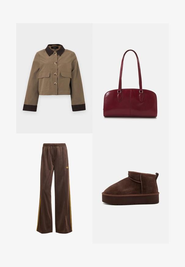 Veste brune raccourcie en tissu résistant avec un col marron foncé, une fermeture à cinq boutons et deux poches avant. Manches longues avec des poignets foncés.; T-shirt en coton blanc à manches courtes, col rond et texture lisse. Le dos est uni, sans motifs ni designs supplémentaires.; Pantalons de sport marron avec une coupe ample, dotés de bandes latérales jaunes et d'une taille élastique. Fabriqués dans un matériau lisse et léger.; Bottine en suede marron, avec un bout arrondi, une texture douce et une semelle épaisse. Elle présente un discret détail de couture et une languette à l'arrière.; Zign LEATHER - Sac à main - dark red