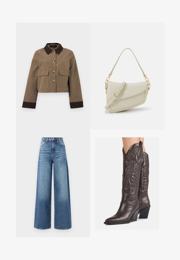 Skórzana kurtka w kolorze brązowym z solidnego materiału, z ciemno-brązowym kołnierzem, zapięciem na pięć guzików i dwiema kieszeniami z przodu. Długie rękawy z ciemnymi mankietami.; Biała bezrękawnikowa koszulka wykonana z prążkowanej tkaniny, z okrągłym dekoltem i dopasowanym krojem, o minimalnych szwach i bez ozdób.; Jeans w szerokich nogawkach w jasnoniebieskim kolorze, z wysokim stanem, subtelnym przetarciem i pięcioma kieszeniami, z kontrastowym przeszyciem.; Brązowe skórzane kowbojki z noskiem w kształcie migdała i blokowym obcasem, z detalicznym przeszyciem i podniesionymi akcentami na cholewce.; Mała torebka w kolorze kremowym z teksturowanym wykończeniem, długim regulowanym paskiem, akcentem z łańcucha oraz zapięciem na klapkę. Wykończenia w kolorze złotym.