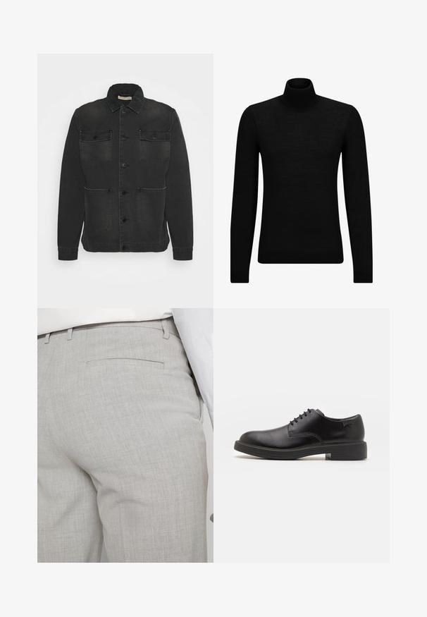 Jachetă din denim negru cu închidere prin butoane, două buzunare la piept și două buzunare inferioare; are un guler ascuțit și manșete cu nervuri.; Pulover negru cu guler înalt, realizat dintr-un material moale, cu mâneci lungi și o croială ajustată. Tiv și mansete cu margine ondulată. Design simplu.; Pantaloni gri deschis croiți, dintr-un material texturat, cu un singur buzunar pe spate și cusături curate.; Pantofii din piele neagră, cu șireturi, au vârful rotunjit, o textură netedă, cusături minime și un toc de cauciuc scăzut. Logo pe toc.