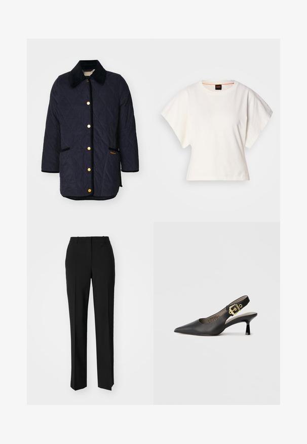 Casaco acolchoado azul-marinho com colarinho em corduroy, fechos com botões dourados, dois bolsos frontais e detalhes em contraste com logotipo.; T-shirt branco cropped, mangas curtas e largas, material de algodão suave, decote redondo com um discreto acabamento laranja, design minimalista, sem padrões ou gráficos.; Calças pretas de corte ajustado com um design de perna reta, apresentando uma textura lisa e pregas bem definidas na frente. Sem hardware visível.; Sapato de salto alto slingback preto com bico apontado, textura de couro suave e detalhe de fivela em tom dourado na fita.