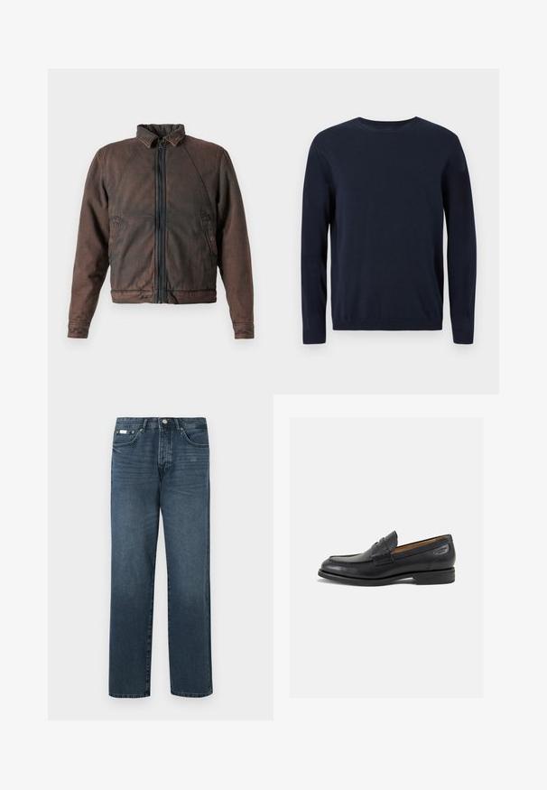 Brūna denim jaka ar stāvošo apkakli, ar rāvējslēdzēju priekšā un divām sānu kabatām. Tam ir nedaudz nodilis audums un elastīgas piedurknes.; Tumši zila adīta džemperis ar garām piedurknēm, apaļu kakla izgriezumu un ribotiem piedurkņu galiem un apakšmalu. Uz krūtīm ir neliels logo.; Tumši zila džinsu auduma bikses ar taisnu piegriezumu, piecām kabatām, jostas cilpām un rāvējslēdzēju. Gluda struktūra ar smalki izpludinātiem detaļām.; Melnas ādas loafers ar gludu apdari, noapaļotu purngalu un dekoratīvām šuvēm uz virsu. Zems, sakrauta papēža un neliels spīdums.