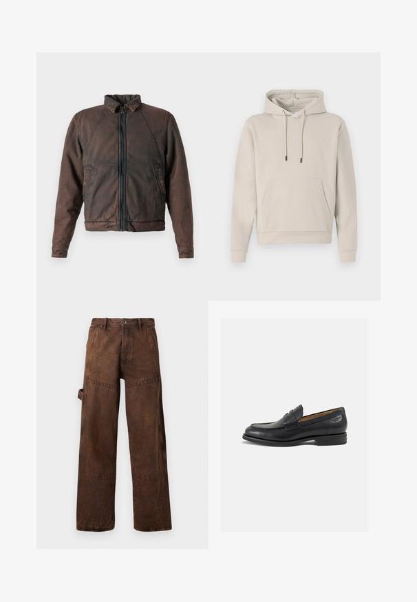 Rjava denim jakna s stoječim ovratnikom, zadrgo spredaj in dvema stranskima žepoma. Ima rahlo obrabljen videz in elastične manšete.; Hooded sweatshirt v svetlo bež barvi, z sprednjo žepom, vrvico in rebrastimi manšetami. Narejen iz mehke, gladke tkanine z udobnim krojem.; Rjave hlače s ravnimi nogavicami za delo z utilitarno žepom na strani, zankami za pas in gumbom za zapiranje v pasu.; Črne usnjene loafers cipele z gladko površino, zaobljenim nosom in dekorativnim šivom na vampu. Nizek zloženi peti in rahla sijaj.