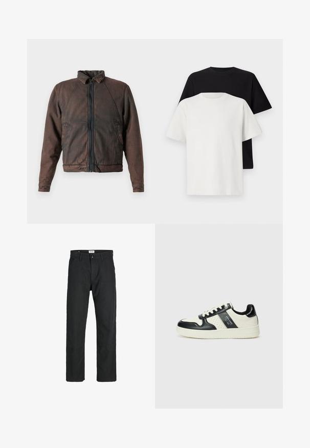 Brun denimjacka med ståkrage, dragkedja framtill och två sidofickor. Har en något sliten textur och elastiska cuffs.; Set med bomullströjor som inkluderar en svart och en vit topp, båda med korta ärmar, rund halsringning och standard passform. Strukturerad tyg.; Svarta byxor i slitstarkt tyg, med rak bendesign, stickade detaljer och två framfickor för funktionalitet.; Läder sneakers med en svart och krämfärgad färgsättning, med perforerade detaljer, en vadderad krage och en strukturerad yttersula.