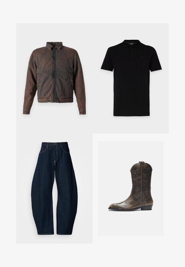 Rjava denim jakna s stoječim ovratnikom, zadrgo spredaj in dvema stranskima žepoma. Ima rahlo obrabljen videz in elastične manšete.; Črna polo majica s kratkimi rokavi, izdelana iz gladkega blaga. Ima klasičen ovratnik in tri gumbe, s subtilnim logotipom na prsih.; Temno modri kavbojki širokega kroja, z izrazitim šivanjem, petimi žepi in zaponko iz messing na pasu.; Rjavi usnjeni kavbojški čevlji z visokim ščitnikom, koničastim nosom, zapletenimi šivi in malo peto. Vzorec strukture po celotni površini.