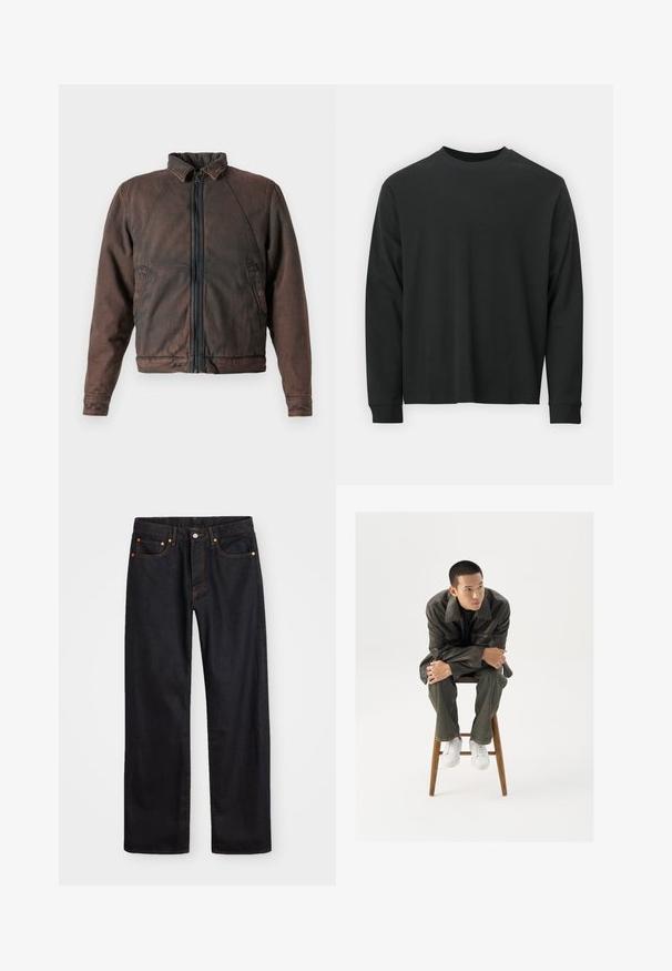 Veste en denim marron avec col montant, fermeture éclair à l'avant et deux poches latérales. Présente une texture légèrement usée et des poignets élastiques.; T-shirt noir à manches longues en coton, avec un col rond, une coupe ample et des poignets côtelés. Texture lisse sans motifs visibles.; Jean en denim noir pour hommes, coupe droite, avec cinq poches et surpiqûres orange, fermeture par bouton et zip à la taille avant.; Veste en cuir brun avec un large col, associée à un jean vert foncé et des baskets blanches. Le mannequin est assis sur un tabouret en bois.