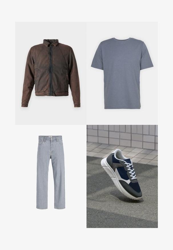 Bruine denimjack met staande kraag, rits aan de voorkant en twee zijzakken. Heeft een licht versleten textuur en elastische manchetten.; Grijze T-shirt met korte mouwen en een ronde hals, gemaakt van een zachte katoenmix. Eenvoudig ontwerp, zonder patronen of accenten.; Lichtblauwe denim jeans met een relaxed fit, rechte pijpen, zichtbare stiksels, twee voorzakken en een knoopsluiting.; Sneaker met een marineblauwe mesh bovenwerk, grijze suède accenten, witte rubberen zool en platte witte veters, ontworpen voor comfort en ademend vermogen.