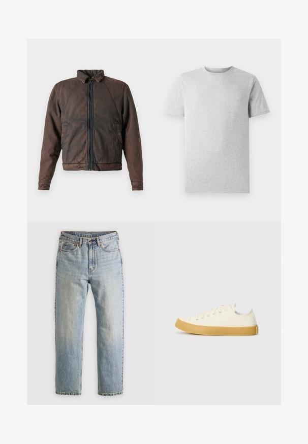 Casaco de denim castanho com colarinho levantado, fecho de correr à frente e dois bolsos laterais. Apresenta uma textura ligeiramente usada e punhos elásticos.; T-shirt de manga curta de cor cinza claro, com decote redondo, exibido sobre um fundo branco, vista frontal, sem logótipos ou designs visíveis.; Jeans de ganga azul claro com cintura alta, fecho frontal, zipper e design de cinco bolsos, dispostos de forma plana sobre um fundo neutro.; Sapatilhas de tela em off-white com biqueira redonda, apresentando solas de borracha bege e cinco ilhós para atacadores, acabamento texturizado na parte superior.