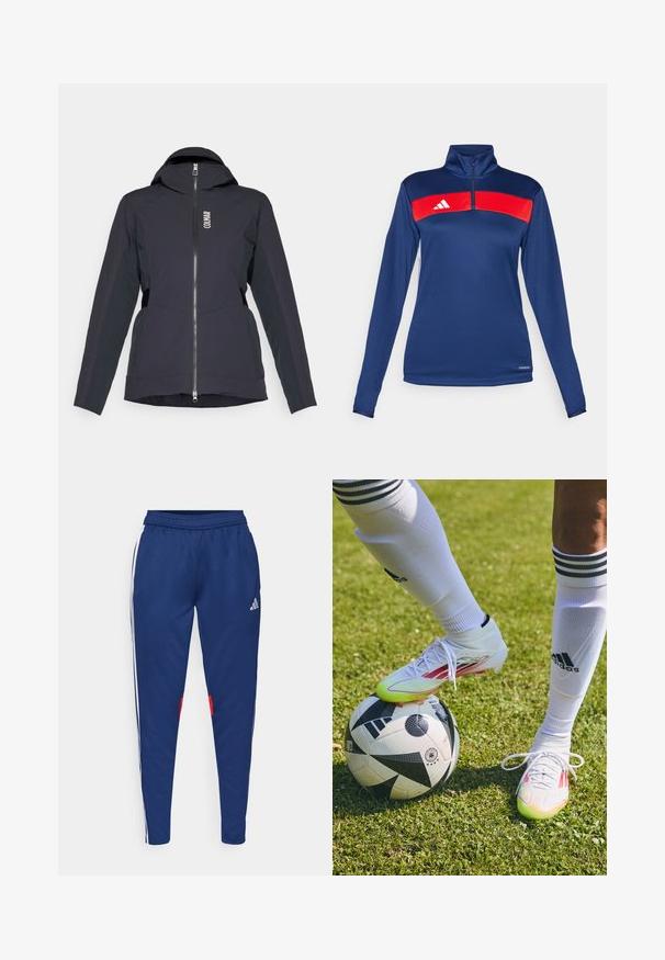 Musthave veep, millel on vetthülgav materjal, lukuga sulgemine, reguleeritav kapuuts, külgpaneelid ja logodetail. Sile tekstuur ja voolujooneline disain.; Tumes sinine pikkade varrukatega neljandik-zip top punase horisontaalse triibuga, valge logo, sile tekstuur ja keha lähedane disain. Stiilne ja funktsionaalne kangas.; Tumesinine jooksupüksid valgete külgtriipudega, elastse vöökoht ja punased aktsendid serva lähedal. Valmistatud siledast, kergest kangast.; Valged jalgpallijalatsid punaste aktsentidega, asetatuna musta ja valge jalgpallile, rohutekkel, kus on nähtavad valged sokid ja triibud.