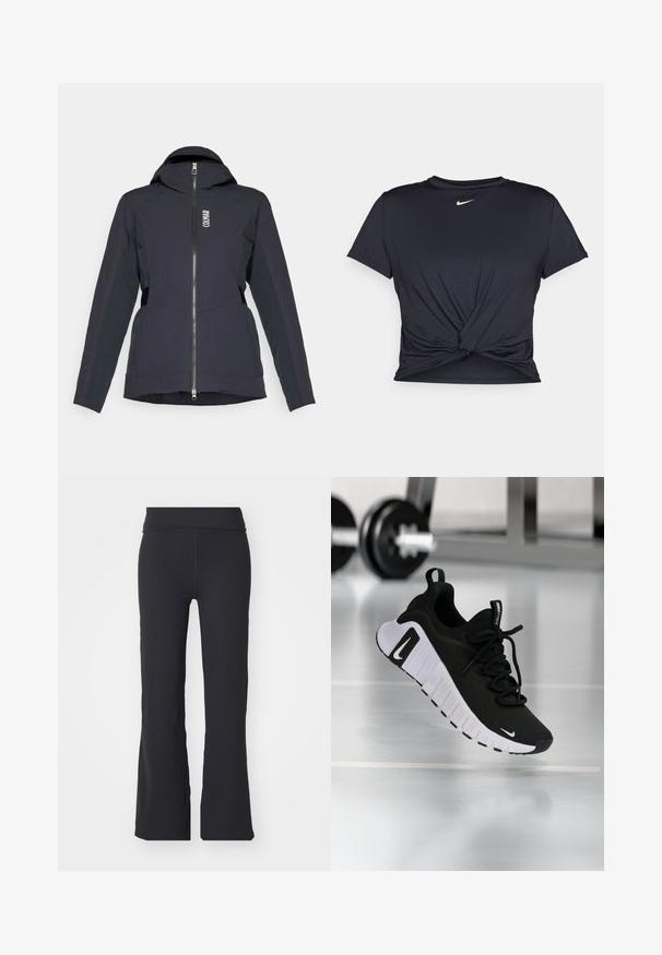 Musta vedenpitävä takki, jossa on vetskari, säädettävä huppu, sivupaneelit ja logotietoa. Sujuva pinta ja virtaviivainen muotoilu.; Musta urheilu T-paita, joka on valmistettu sileästä kankaasta, jossa on solmittu etuosa ja pieni valkoinen Nike-logo rinnassa.; Mustat levenevät housut, jotka on valmistettu joustavasta kankaasta ja joissa on korkea vyötärö. Ominaisuuksina puhtaat linjat ja tasainen pinta, sopii arkivaatteeksi.; Musta urheilukenkä teksturoitua kangaspintaa, valkoista pohjaa ja näkyvää nauhoitusjärjestelmää. Sisältää Nike-logon sekä pehmeän, pehmustetun rakenteen.