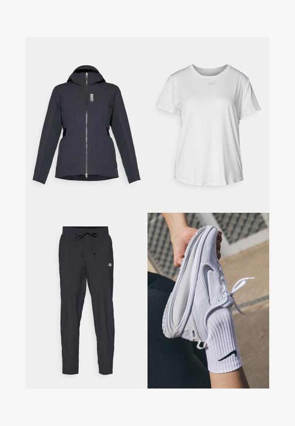 Fekete vízálló dzseki cipzáras záródással, állítható kapucnival, oldalsó panelekben és logó részletekkel. Simás textúra és letisztult dizájn.; Fehér, rövid ujjú póló sima anyagból, kerek nyakkivágással és egy kis szürke Nike logóval a mellkason.; Fekete futónadrág, könnyű anyagból készült, elasztikus derékkal és állítható húzózsinórral. Az oldalon egy kis logó található.; Fehér sportcipő textúrált dizájnnal és szürke Nike logóval, fehér zokni felett tartva. A cipő rugalmas talppal és fűzőkkel rendelkezik.