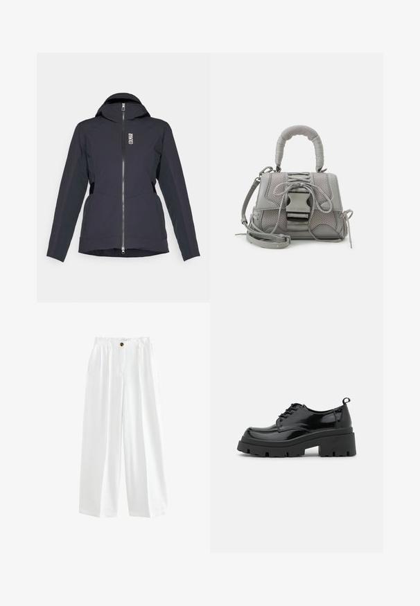 Svart vattentät jacka med dragkedja, justerbar huva, sidopaneler och logodetalj. Slät textur och strömlinjeformat design.; Grå, ärmlös crop top i mjukt material med rund hals och en liten vit Adidas-logotyp på bröstet.; Vita vida byxor i lättviktsmaterial. Har en knäppning, två sidofickor och en avslappnad passform.; Svarta lackskinnsskor med en kraftig plattformssula och tjocka snören. Rundad tå, minimal detaljering och en liten hälflik bak.; Grå texturerad handväska med ett vadderat handtag, meshdetaljer, justerbar rem och ett framkläpp. Kompakt design med rundad form.